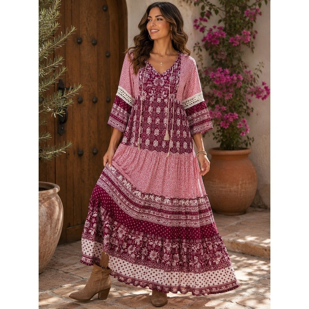 Michael Michael Kors Boho Paisley Patchwork Maxi Dress Burgundy White Size S
